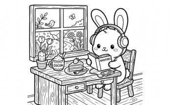 Cute kawaii bunny wearing headphones reading a book coloring page for kids