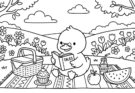 Cute Duck Picnic Coloring Page for Kids: A Fun Outdoor-Themed Coloring Activity