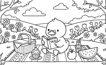 Cute Duck Picnic Coloring Page for Kids: A Fun Outdoor-Themed Coloring Activity